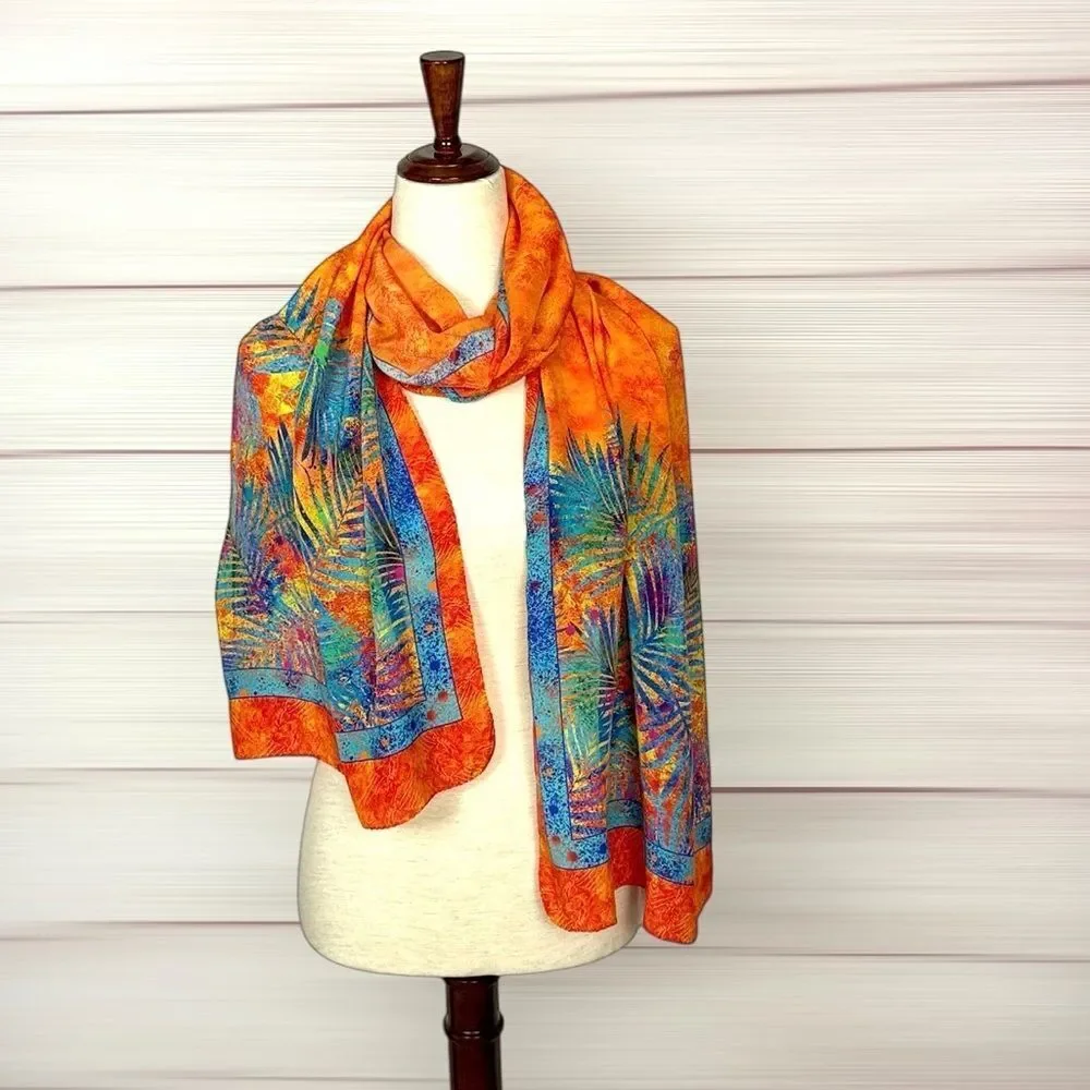 Christina Large Silk Oblong Scarf Wrap Orange Blue Tropical Print 20,5x74